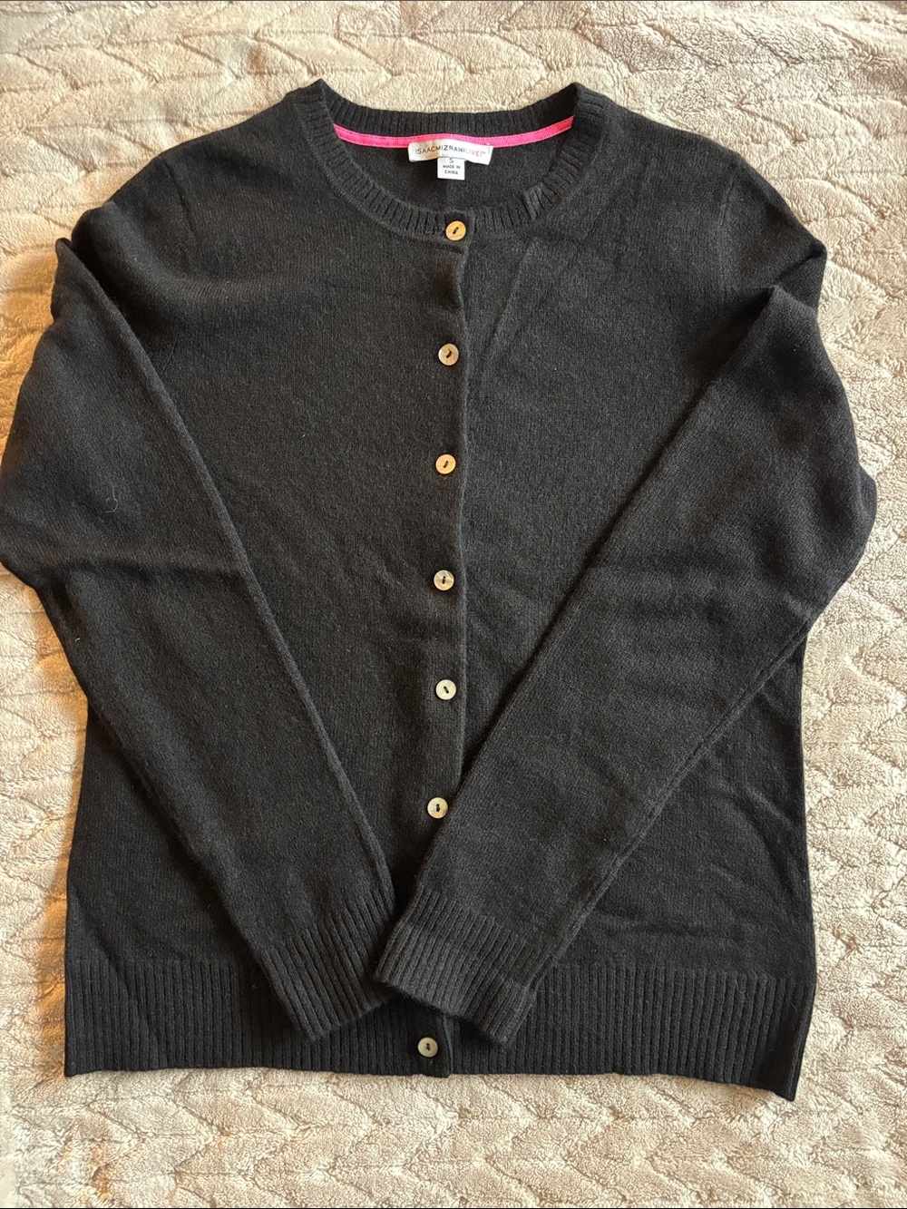 Isaac Mizrahi Black Cashmere Crewneck Cardigan with Pink Trim
